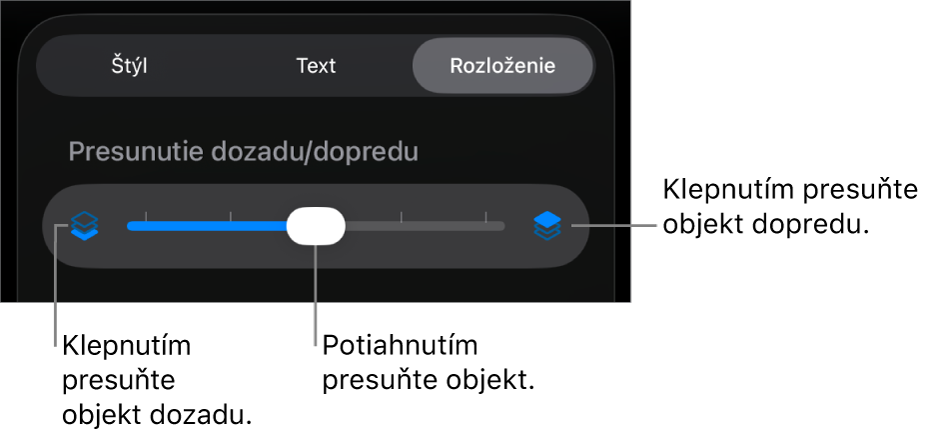 Tlačidlo Presunúť dozadu, tlačidlo Presunúť dopredu a posuvník vrstiev.