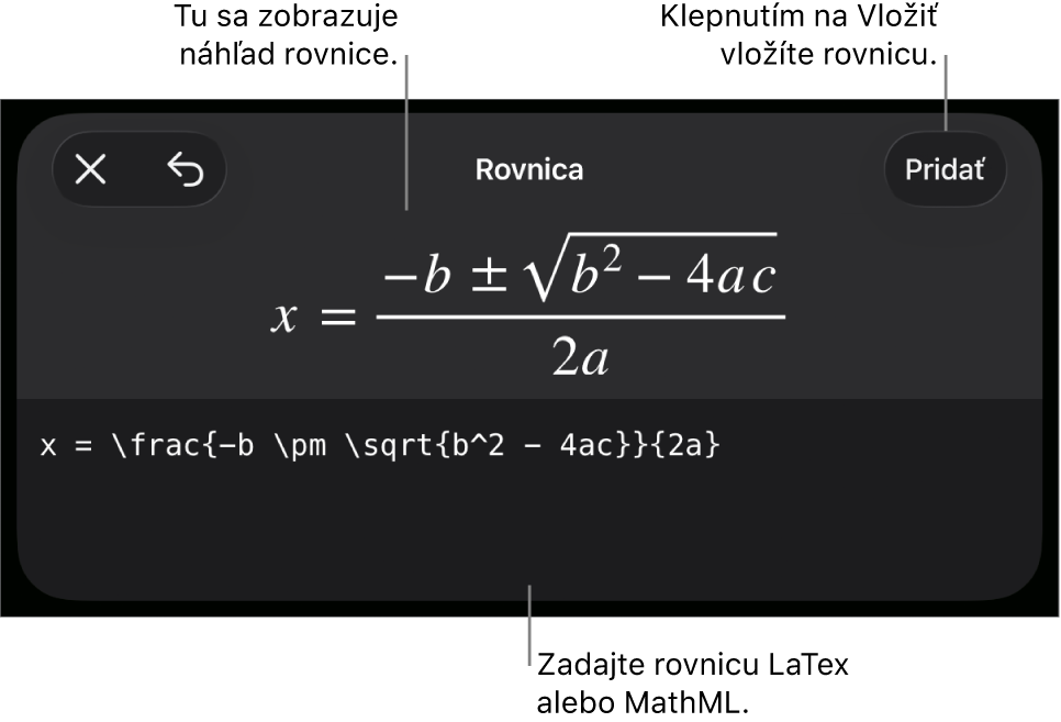 Dialógové okno Rovnica zobrazujúce rovnicu napísanú pomocou príkazov MathML, vyššie sa nachádza náhľad vzorca.