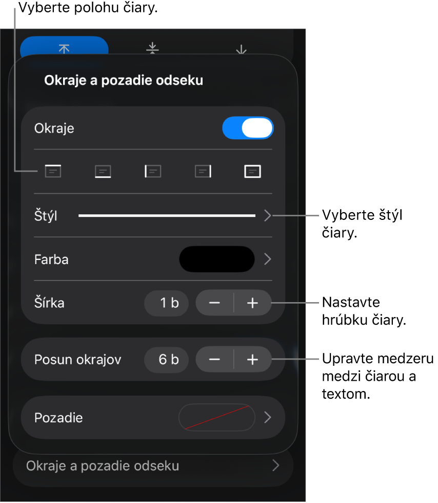 Ovládacie prvky na zmenu štýlu, hrúbky, polohy a farby čiary.
