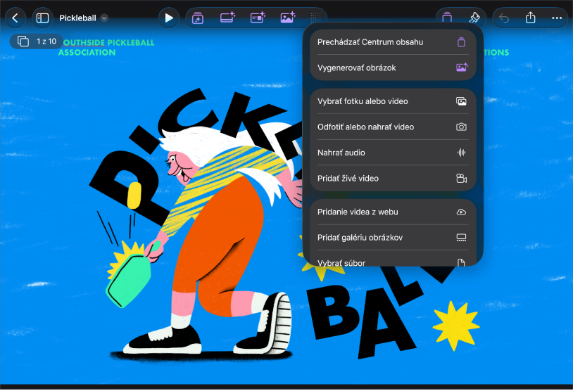 Apka Keynote v zobrazení Iba snímka s otvoreným menu Médiá na paneli s nástrojmi.