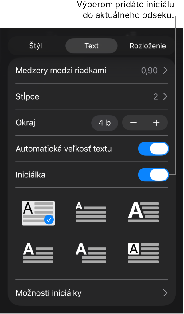 Ovládacie prvky Iniciálka v menu Text.