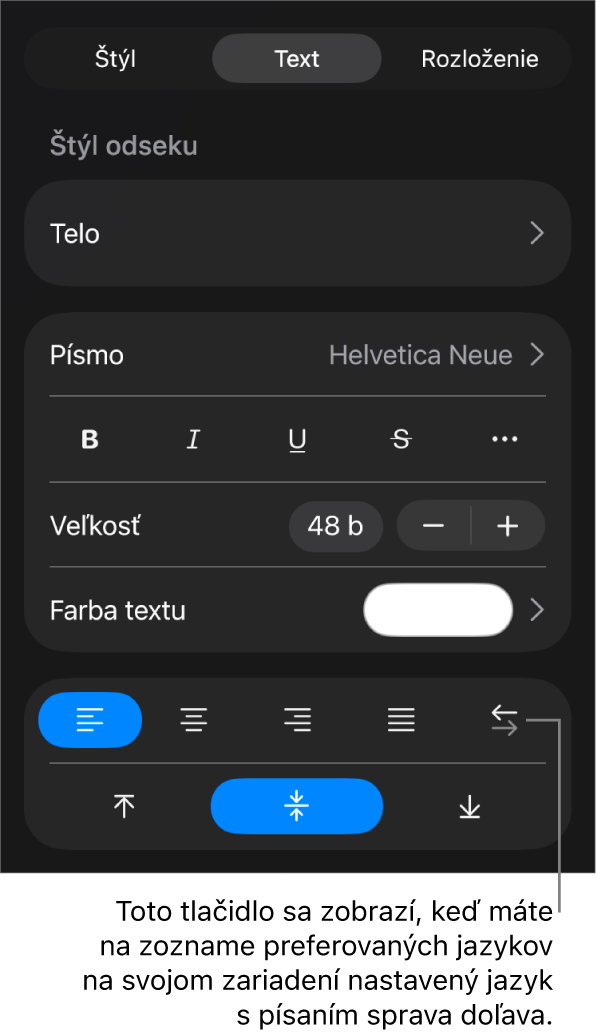 Ovládacie prvky textu v menu Formát s bublinou pre tlačidlo Zľava doprava.