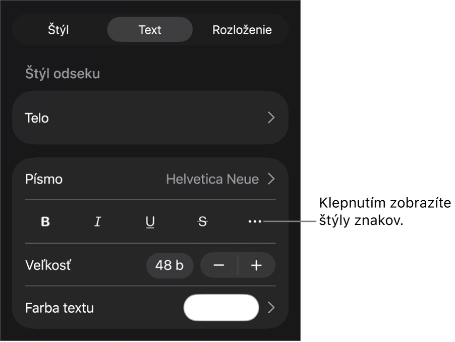 Ovládacie prvky Formát so štýlmi odseku v hornej časti, ako aj ovládacie prvky Písmo. Pod Písmom sú tlačidlá Tučné, Kurzíva, Prečiarknutie a Viac možností textu.