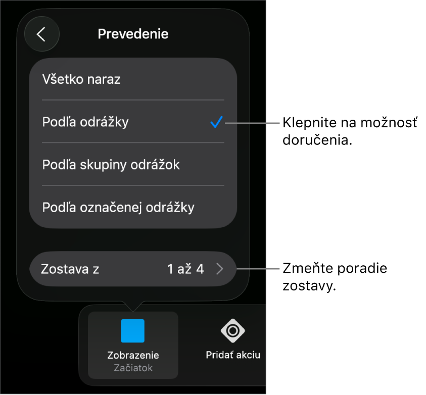 Možnosti doručenia na paneli Začiatok.