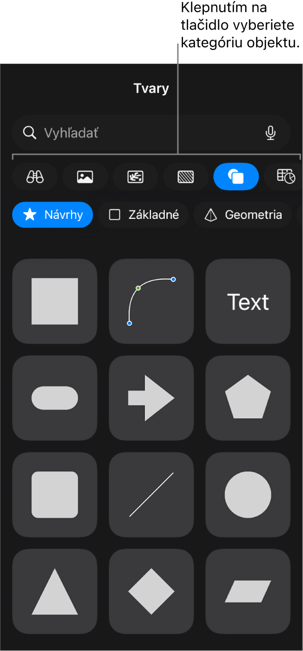 Ovládacie prvky na pridávanie objektu s tlačidlami v hornej časti na výber tabuliek, grafov, tvarov (vrátane čiar a textových polí) a médií.