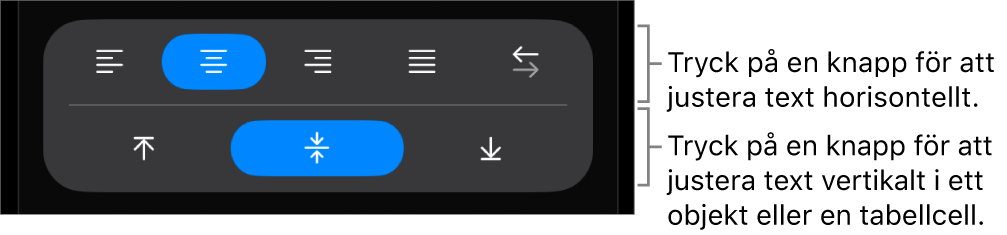 Knapparna för horisontell eller vertikal justering av text.