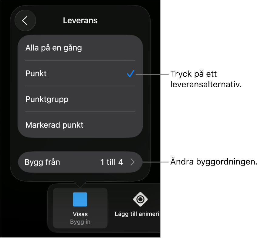 Leveransalternativ på panelen Bygg in.