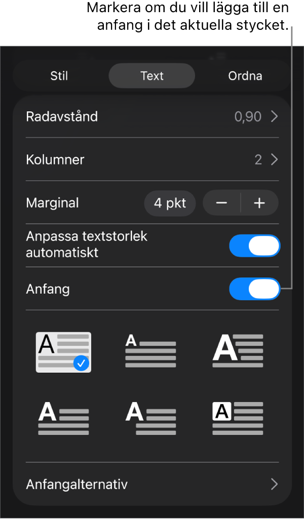 Anfangreglagen i menyn Text.