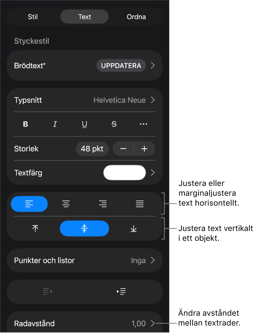 Panelen Layout med linjer som pekar på knapparna för textjustering och mellanrum.