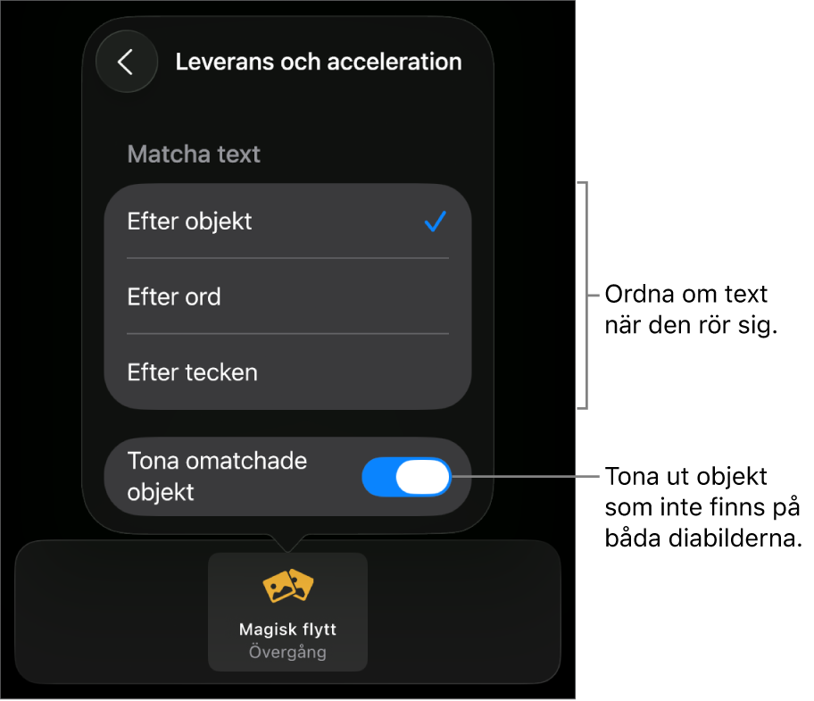 Leverans- och accelerationsalternativ för Magisk flytt i panelen Acceleration.