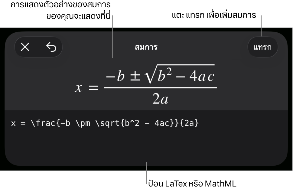 หน้าต่างโต้ตอบสมการ ที่แสดงสมการที่เขียนโดยใช้คำสั่ง MathML และการแสดงตัวอย่างของสูตรด้านบน