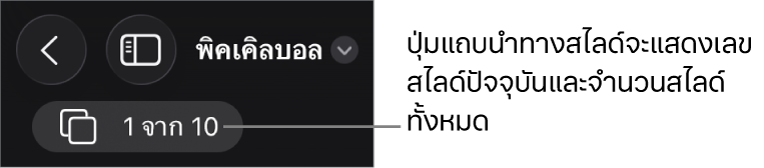 ปุ่มแถบนำทางสไลด์ที่แสดงเลขสไลด์ปัจจุบันและจำนวนสไลด์ทั้งหมดในงานนำเสนอ