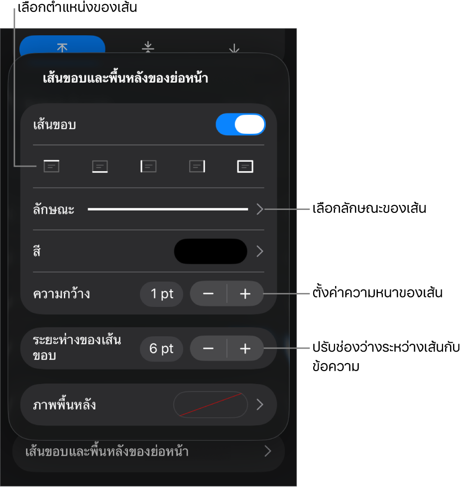 ตัวควบคุมสำหรับเปลี่ยนลักษณะเส้น ความหนา ตำแหน่ง และสี