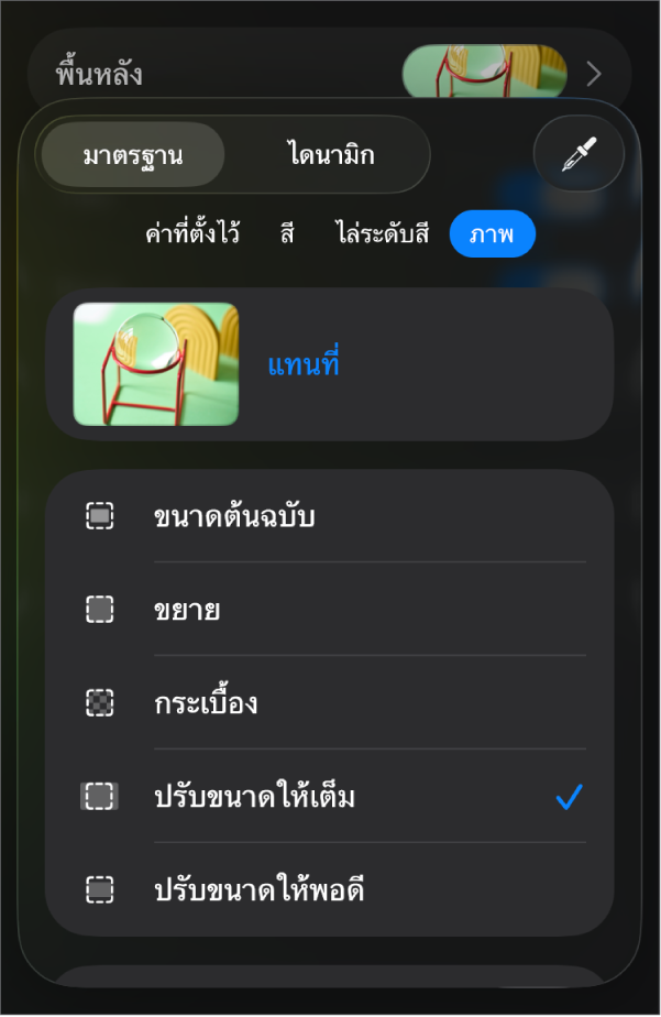 ตัวควบคุมพื้นหลัง โดยที่ภาพถูกตั้งค่าเป็นพื้นหลังของสไลด์ และตัวควบคุมการทับซ้อนสีอยู่ด้านล่างสุด