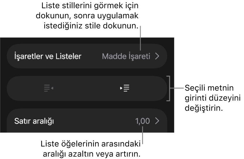 Madde İşaretleri ve Listeler, çıkıntı ve girinti düğmeleri ve de satır aralığı denetimlerini gösteren belirtme çizgileri ile Biçim denetimlerinin Madde İşaretleri ve Listeler bölümü.