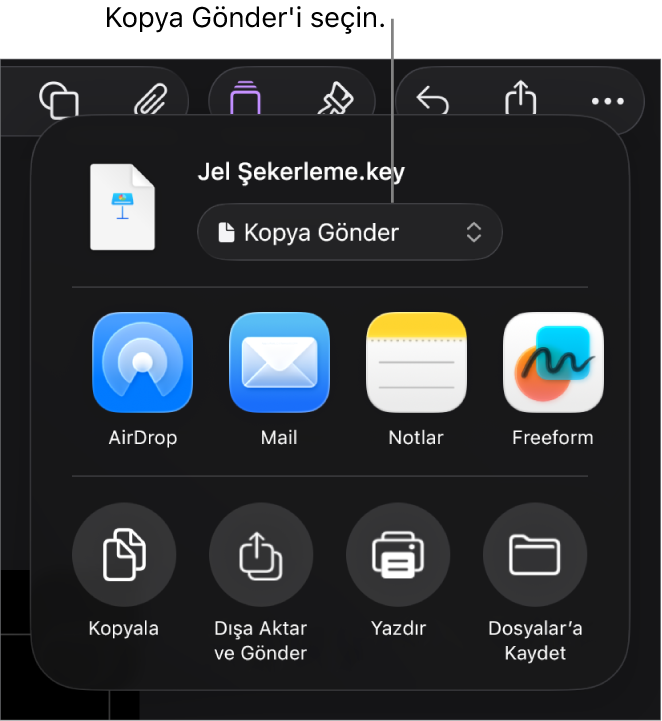 Paylaş menüsü, en üstte Kopya Gönder seçili.