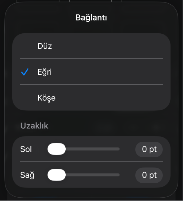 Eğri seçili olan Bağlantı denetimleri.