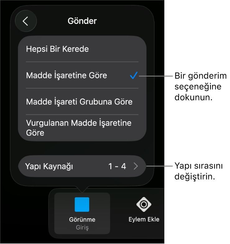İçeride Oluştur bölmesindeki gönderim seçenekleri.