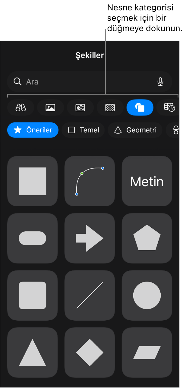 En üstte tablo, grafik, şekil (çizgiler ve metin kutuları da dahil olmak üzere) ve ortam seçme düğmelerini gösteren nesne ekleme denetimleri.