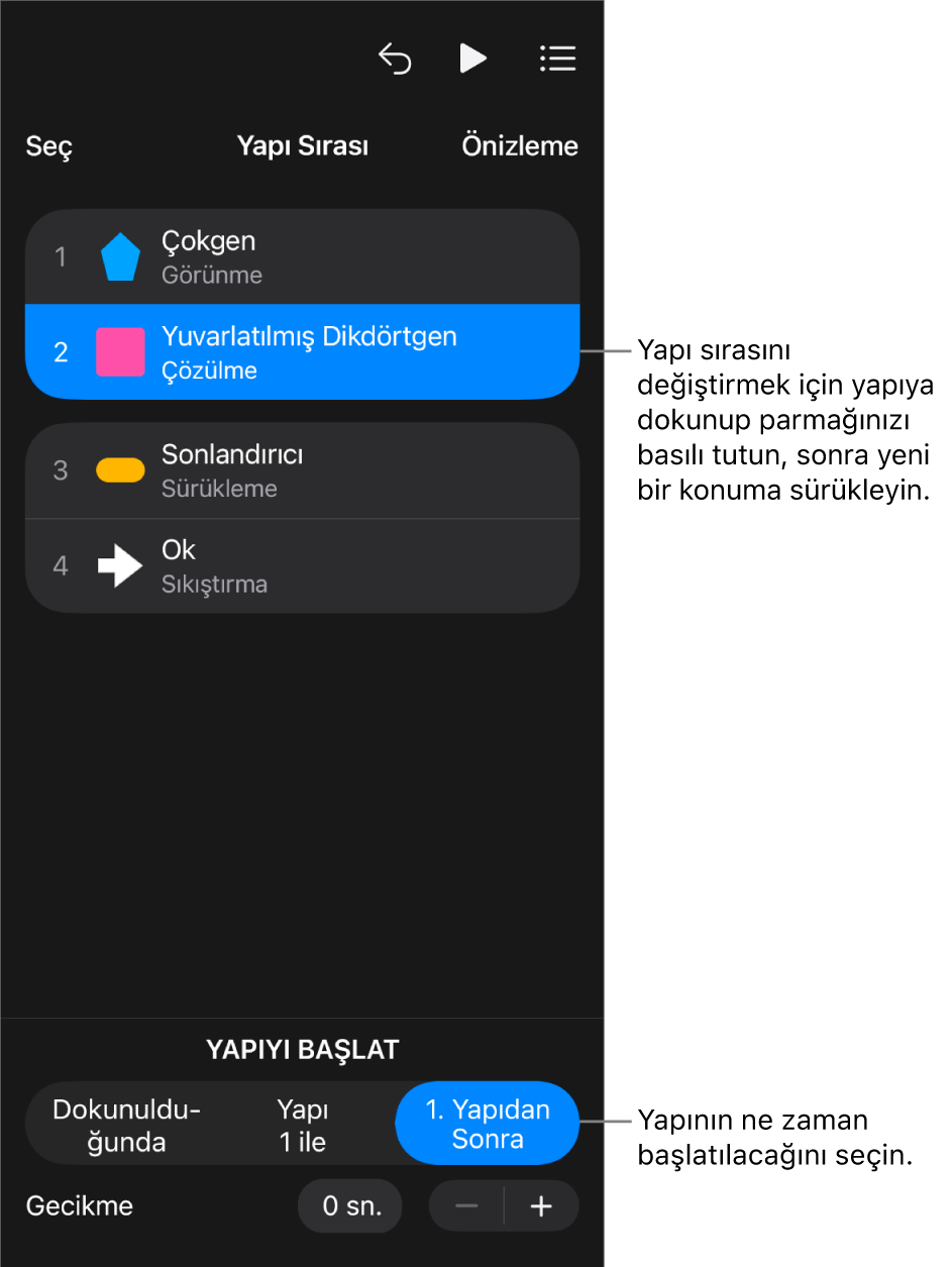 İçeride oluştur efektlerini sarı işaretle ve dışarıda oluştur efektlerini gri işaretle gösteren Yapı Sırası listesi.