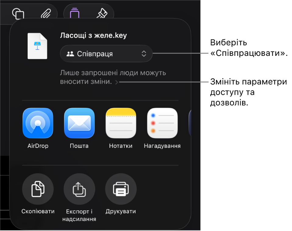 Меню «Поширити» з вибраним угорі елементом «Співпраця», а також параметрами доступу й дозволів унизу.