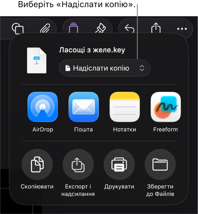 Меню «Поширення», у якому вгорі вибрано елемент «Поширити копію».