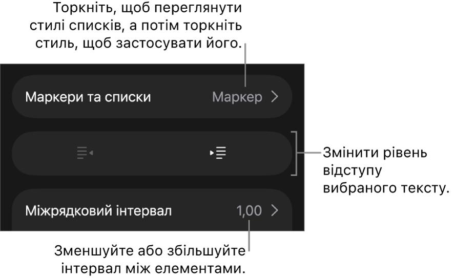 Розділ «Маркери і списки» елементів керування «Формат» з виносками на «Маркери і списки», кнопки виступів і відступів та елементи керування інтервалами.