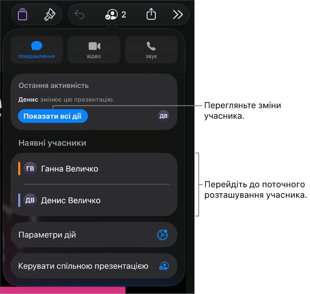 Меню «Співпраця», у якому зазначені поточні учасники.