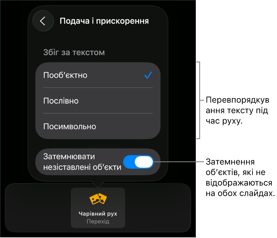 Опції подачі й прискорення «чарівного руху» на панелі «Прискорення».