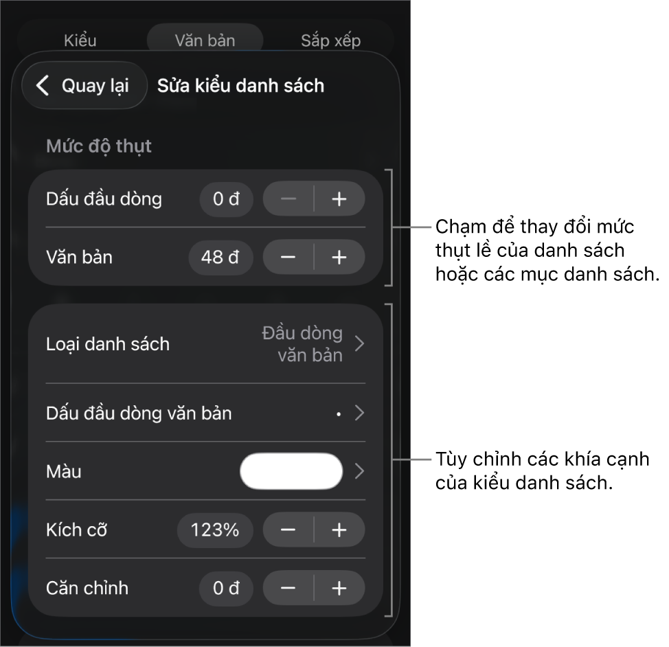 Menu Sửa kiểu danh sách với các điều khiển để sửa loại và giao diện của danh sách.