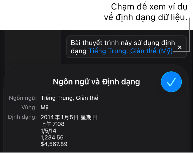 Thông báo về cài đặt ngôn ngữ và vùng khác, đang hiển thị các ví dụ về định dạng trong ngôn ngữ và vùng đó.