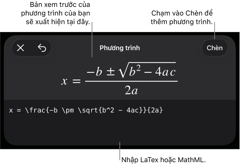 Hộp thoại Phương trình, đang hiển thị phương trình được viết bằng các lệnh MathML và bản xem trước của công thức ở bên trên.