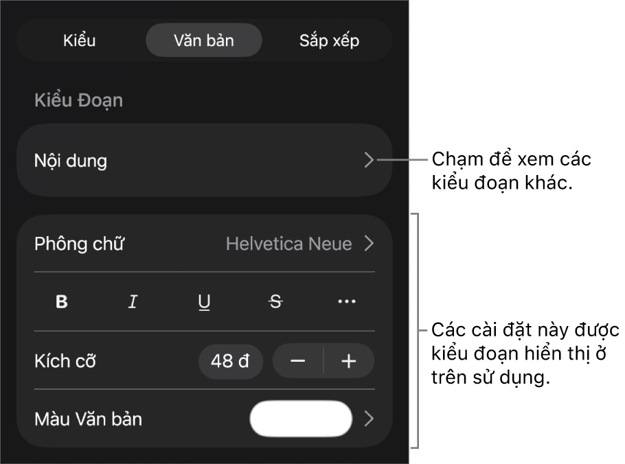 Menu Định dạng đang hiển thị các điều khiển văn bản để đặt kiểu, phông chữ, kích cỡ và màu của đoạn và ký tự.