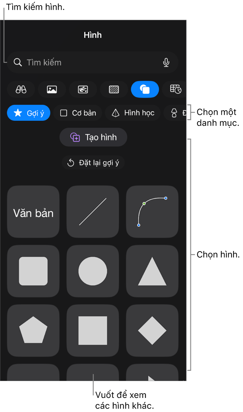 Thư viện hình, với các danh mục ở trên cùng và các hình được hiển thị ở bên dưới. Bạn có thể sử dụng trường tìm kiếm ở trên cùng để tìm các hình và vuốt để xem thêm.