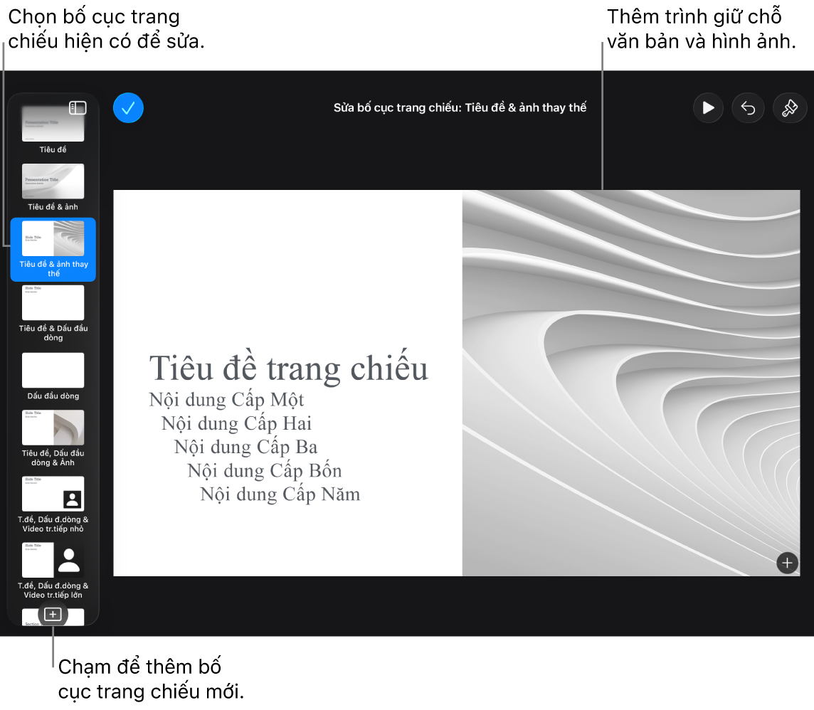 Một bố cục trang chiếu đang hiển thị trên khung trang chiếu, với nút Thêm bố cục trang chiếu ở cuối trình điều hướng trang chiếu.