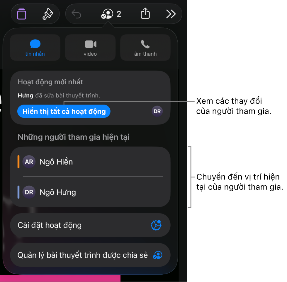 Menu cộng tác có những người tham gia hiện tại được liệt kê.