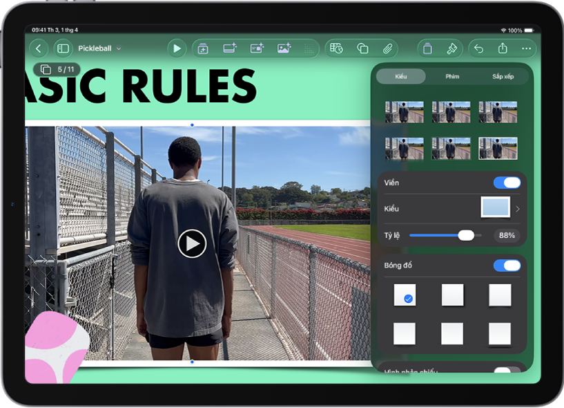 Các điều khiển Định dạng để thay đổi kích cỡ và hình thức của video được chọn. Các nút Kiểu, Phim và Sắp xếp nằm dọc ở đầu các điều khiển.
