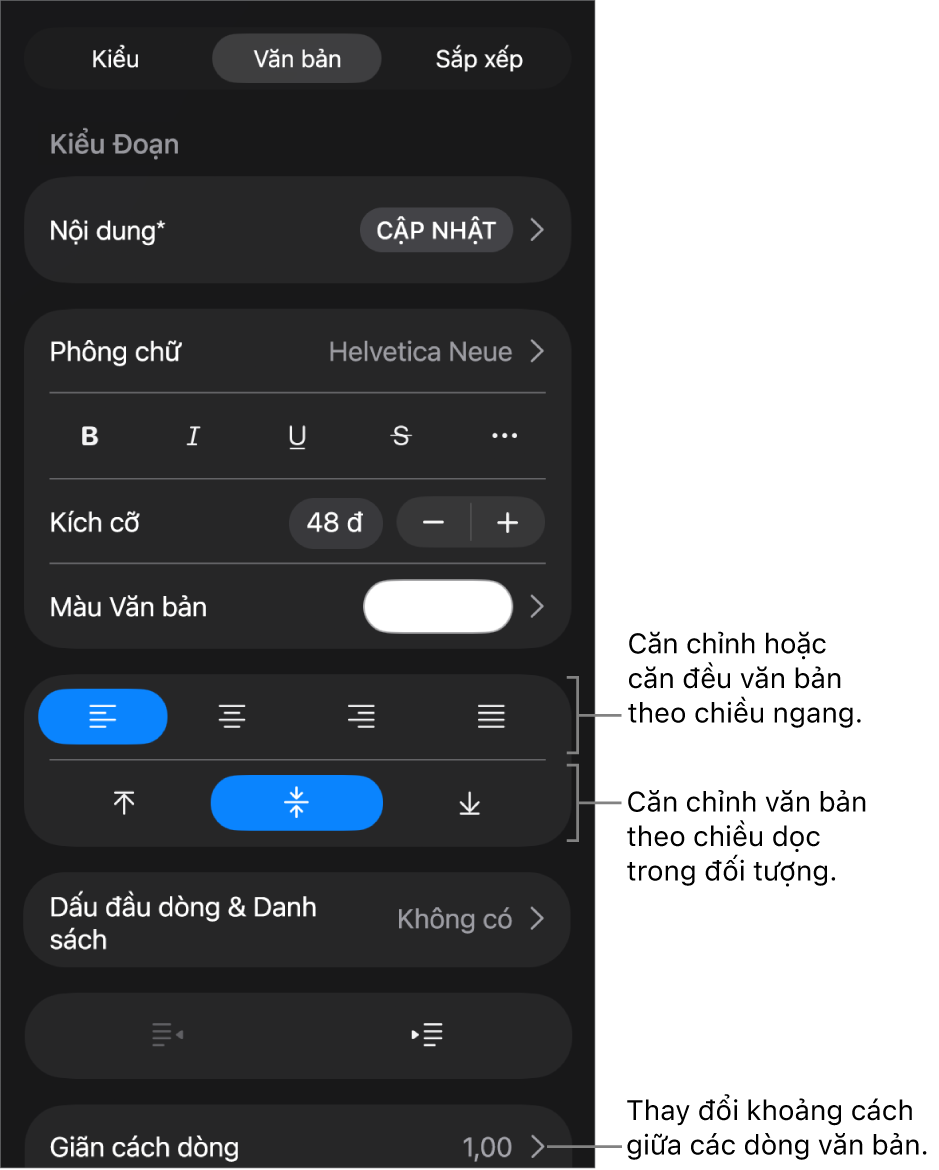 Khung Bố cục với các lời nhắc đến các nút căn chỉnh văn bản và giãn cách.