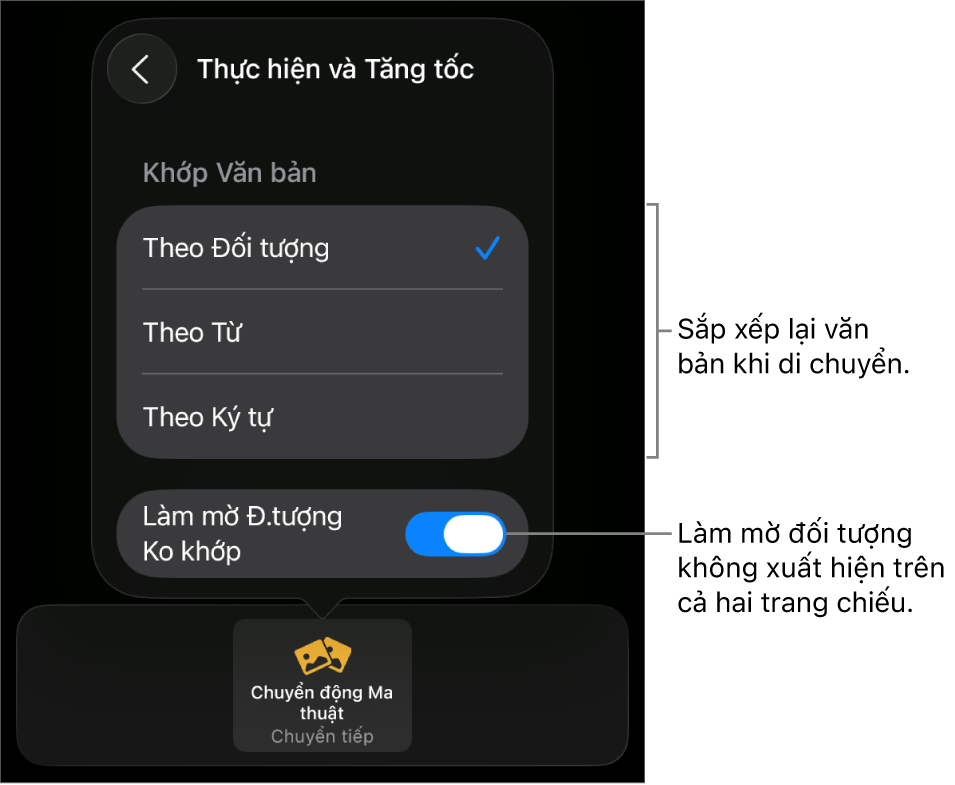 Các tùy chọn thực hiện và tăng tốc Chuyển động ma thuật trong khung Tăng tốc.