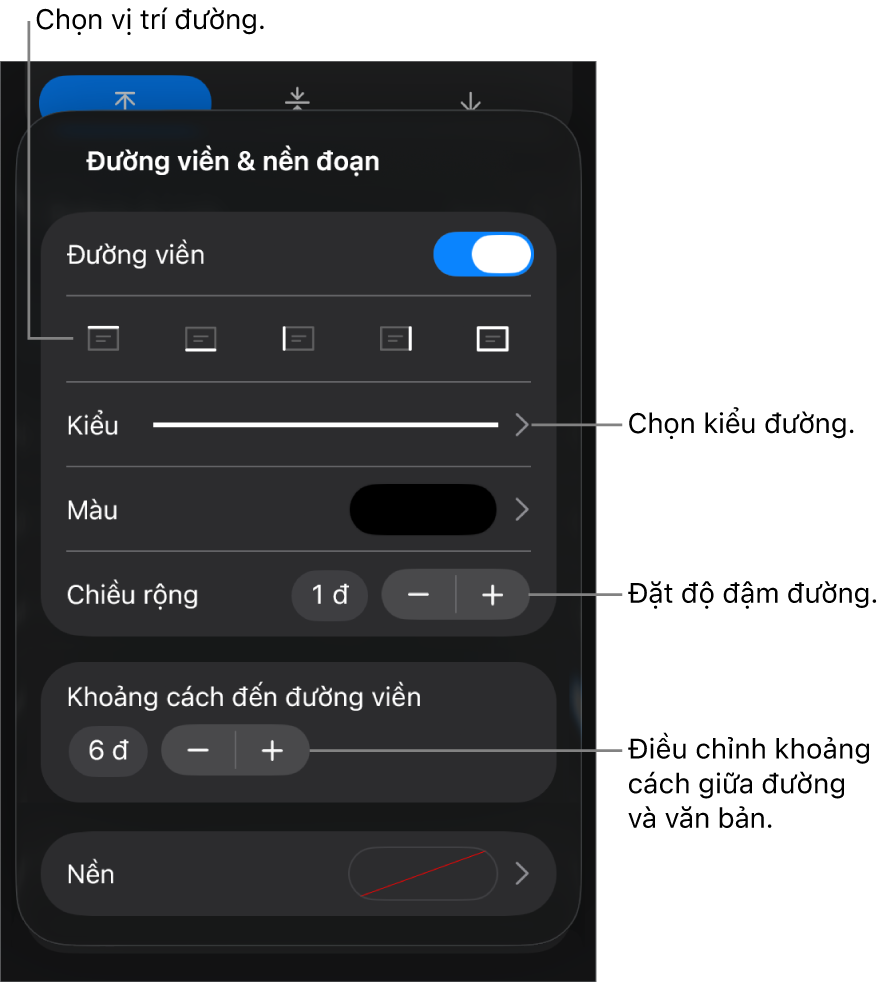 Các điều khiển để thay đổi kiểu đường, độ đậm, vị trí và màu.
