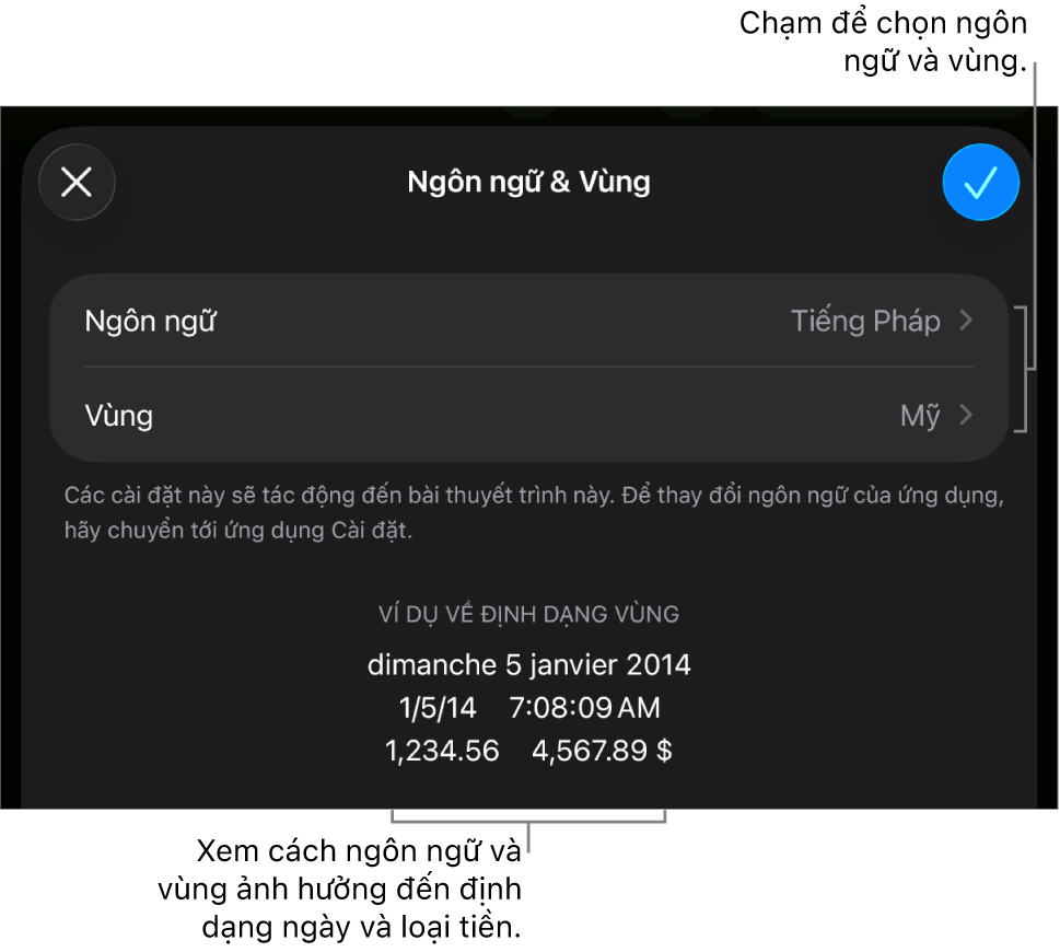 Khung Ngôn ngữ và Vùng với các điều khiển cho ngôn ngữ và vùng và ví dụ về định dạng bao gồm ngày, giờ, phần thập phân và loại tiền.