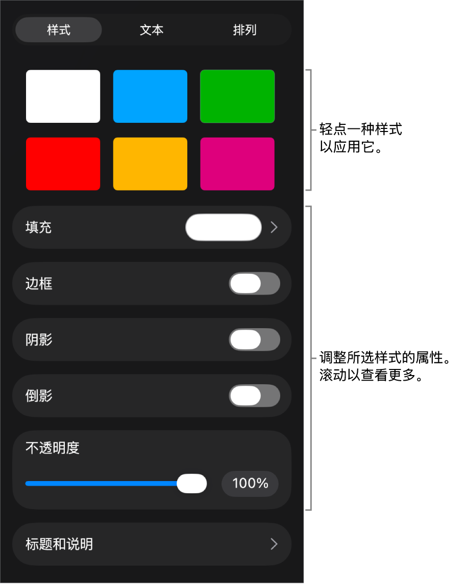 “格式”菜单中的“样式”标签，顶部为对象样式，样式下方为更改边框、阴影、倒影和不透明度的控制。
