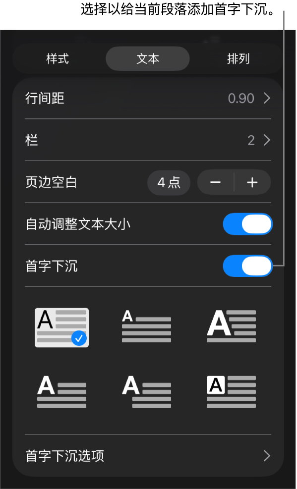 位于“文本”菜单中的“首字下沉”控制。