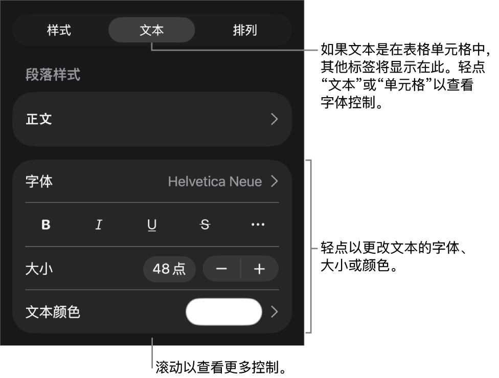 “格式”菜单中的“文本”控制,用于设定段落和字符样式、字体、大小和颜色。