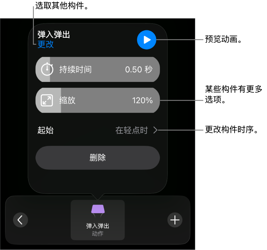 构件选项包括“持续时间”和“起始”时序。轻点“更改”以选取其他构件,或轻点“预览”以预览构件。