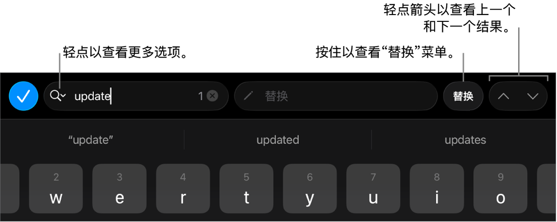 键盘上方的“查找与替换”控制,标注框指向“搜索选项”、“替换”、“前往上一个”和“前往下一个”按钮。
