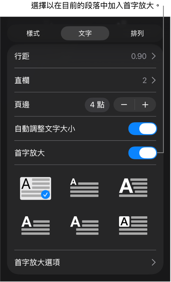 「首字放大」控制項目位於「文字」選單。