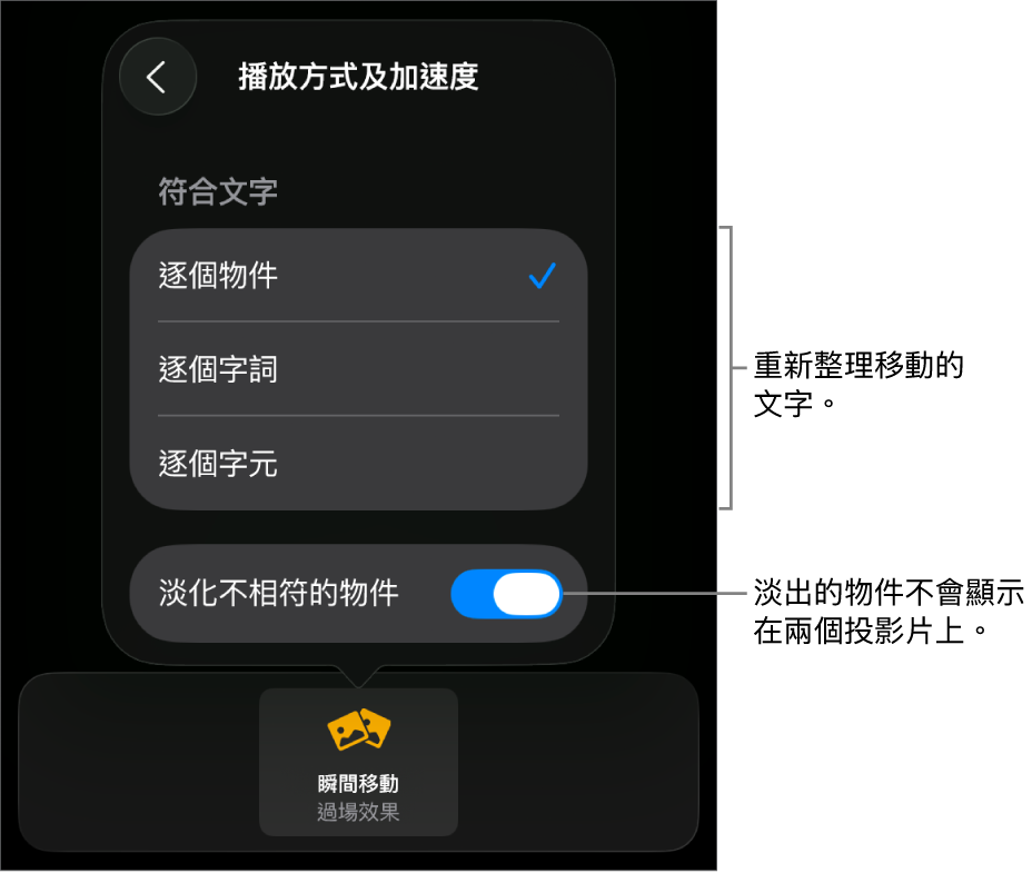 「加速」面板中的「瞬間移動」播放方式和加速選項。