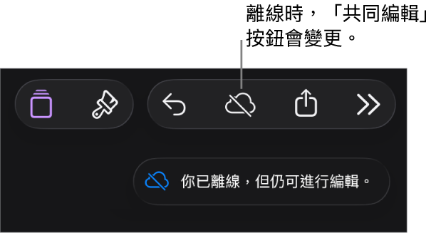 螢幕最上方的按鈕,其中「共同編輯」按鈕已變成被對角線劃過的雲朵圖像。螢幕上的警示顯示「你已離線,但仍可進行編輯。」
