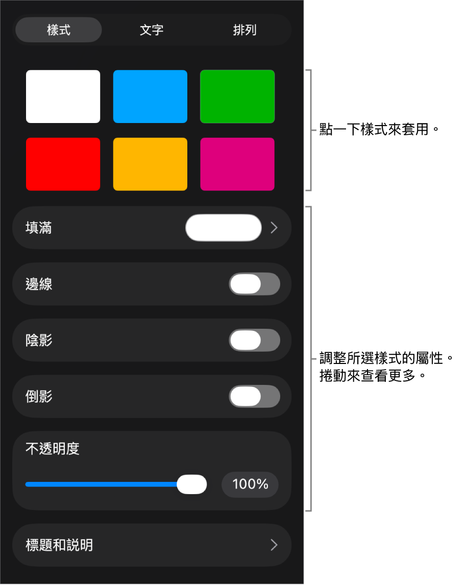 「格式」選單中的「樣式」分頁,最上方為物件樣式,下方為用於更改邊線、形狀、倒影和不透明度的控制項目。